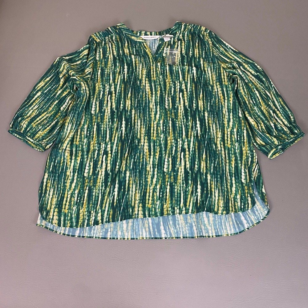 Drapers & Damons Tunic Blouse Women's 1X Green Yellow Abstract Print 3/4 Sleeve